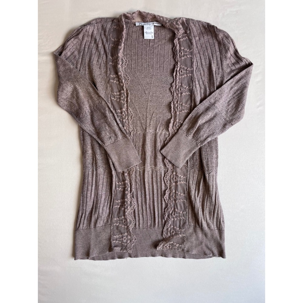American Rag Cie Mauve Brown Lace Trim Open Front Pointelle Knit Cardigan S